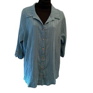 Naïf Womens 1X Denim Blue Crinkle Texture Button Front 3/4 Sleeve Tunic Blouse